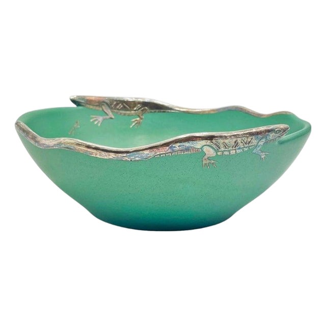 Emilia Castillo Porcelain & Pure Silver Lizard Bowl, Taxco Mexico, Signed 1996 For Sale