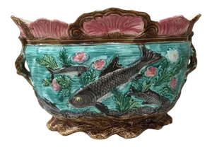 Late 19th Century Vintage French Majolica Fish Jardiniere Onnaing