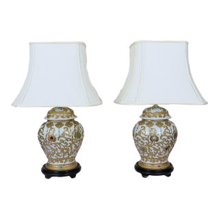 Pair of Vintage French Gold & White Ginger Jar Porcelain Table Lamps For Sale