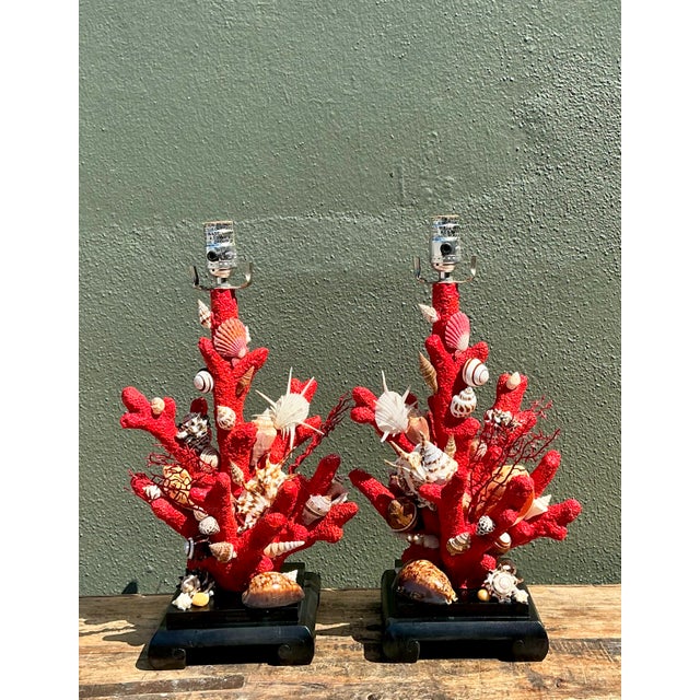 Vintage Shell Encrusted Faux Coral Lamps - A Pair For Sale - Image 4 of 12