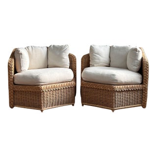 Vintage Coastal Brown Jordan Braided Rattan Lounge Chairs, Pair For Sale