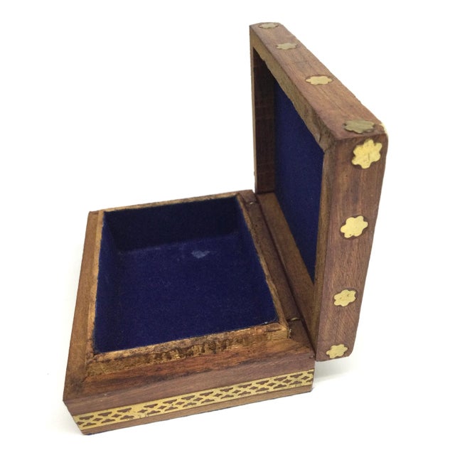 Wood Vintage Inlaid Brass Over Wood Trinket Box Glass Painted Hinged Lid For Sale - Image 7 of 13