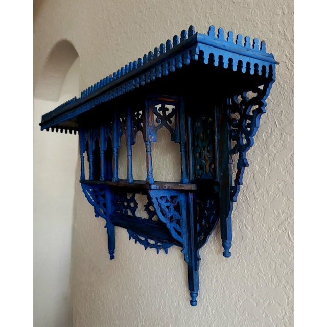 Moroccan 1980s Vintage Moroccan Musharabi Blue Wooden Wall Shelf For Sale - Image 3 of 9