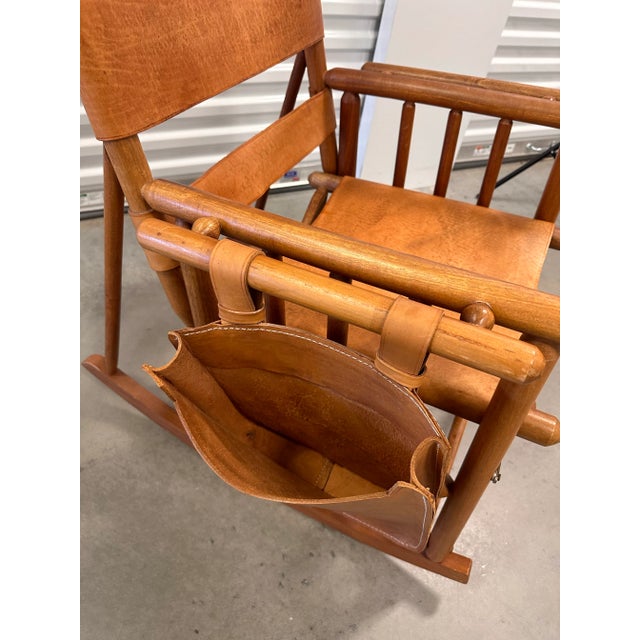 Wood Mid 20th Century Campaign Style Teak Brown Leather Folding Rocker Rocking Chair For Sale - Image 7 of 12