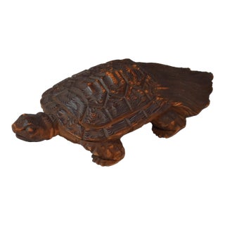 Japanese Hand Carved Wood Minogame Turtle Signed For Sale