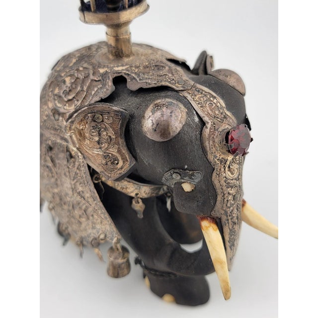 Rare Antique Indian Ebony Silver Overlay Jeweled Elephant W Real Ruby Stone. For Sale - Image 18 of 18