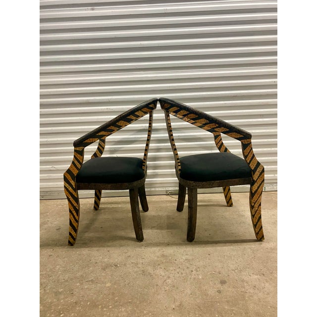 80s Sculptural Armchairs With Zebra Patterned Wood Frames and Black Suede Upholstery a Pair . For Sale - Image 4 of 12