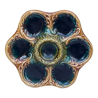 French Green Majolica Oyster Plate, Circa 1900 For Sale