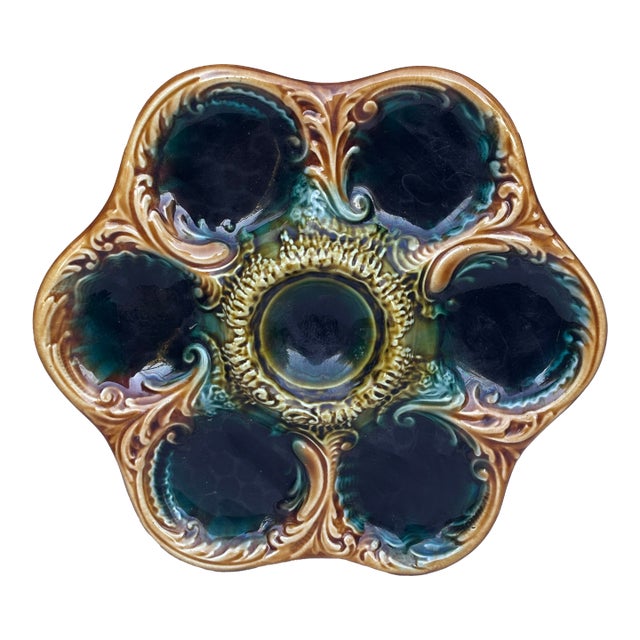 French Green Majolica Oyster Plate, Circa 1900 For Sale