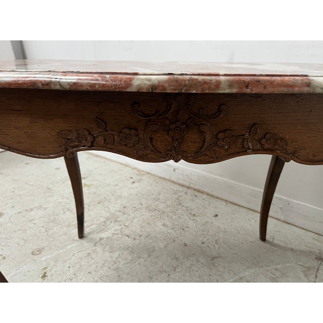 Louis xv carved oak side table four cabriole legs with carved front one drawer in the apron shaped marble top good...