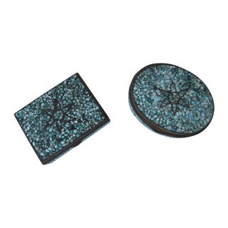 Turquoise Eggshell & Brass Mosaic Boxes - A Pair For Sale