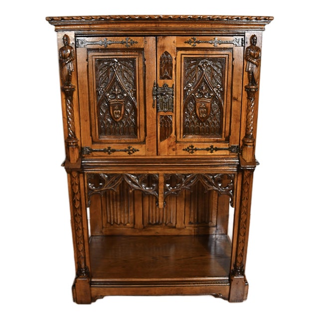 1900 Antique Gothic Revival Heavily Carved Tiger Oak Cabinet For Sale