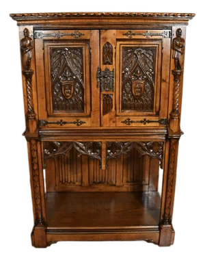 1900 Antique Gothic Revival Heavily Carved Tiger Oak Cabinet