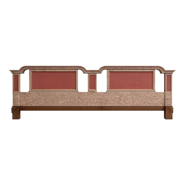 1980s Neoclassical Faux Marble King Headboard With Walnut Frame For Sale