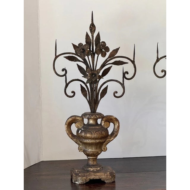 Italian Pair of Giltwood and Iron Pricket Candelabras, Italy, 18th Century For Sale - Image 3 of 5