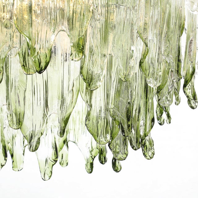 Mazzega Murano Mid-Century 3-Tier Hand-Blown Murano Green Glass Fiamme Chandelier by Mazzega For Sale - Image 4 of 18