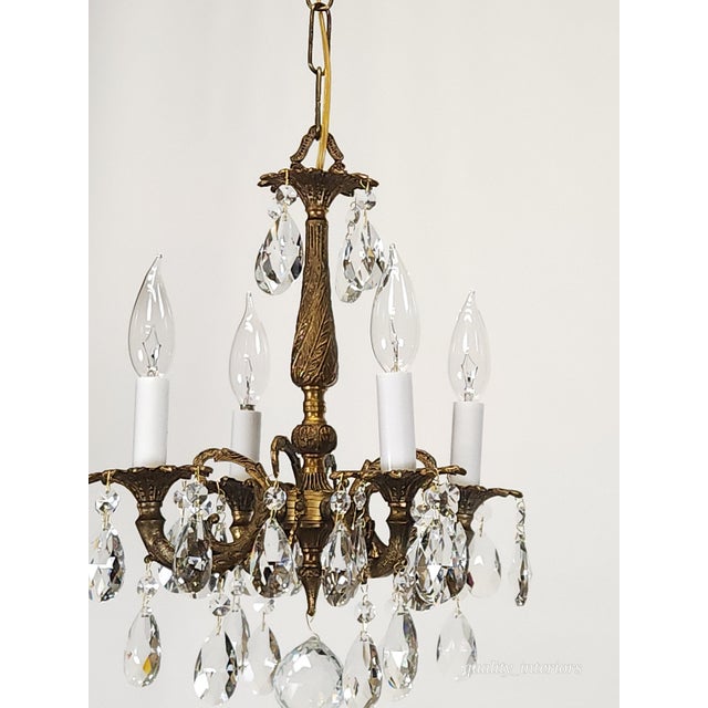 Antique 4 Arm 4 Light Glowing Graceful Brass Cut Lead Glass Crystal Chandelier For Sale - Image 10 of 13