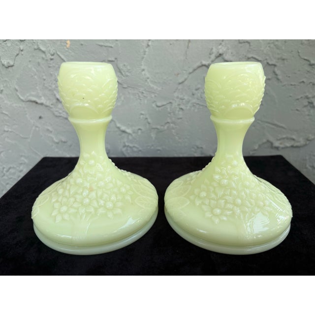 Fenton Art Glass Company Vintage Fenton Orange Tree Blossom Custard Glass Candlesticks – Pair – Uv Reactive Vaseline Glass For Sale - Image 4 of 10