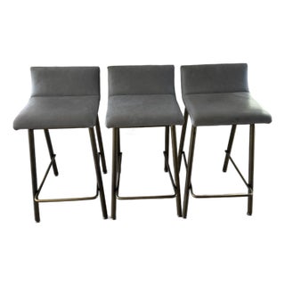 Set of 3 Thomas Hayes Custom "Gachot" Stools in Grey Leather and Rubbed Brass For Sale