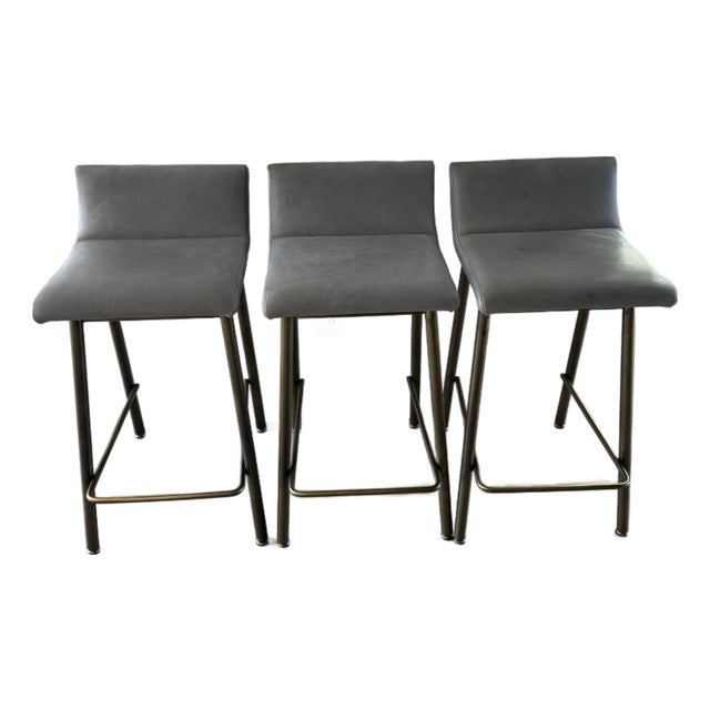 Set of 3 Thomas Hayes Custom "Gachot" Stools in Grey Leather and Rubbed Brass For Sale
