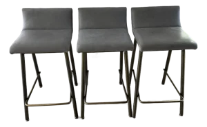 Set of 3 Thomas Hayes Custom "Gachot" Stools in Grey Leather and Rubbed Brass