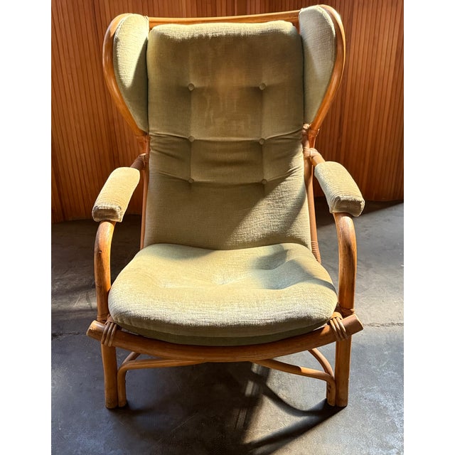 Wood Rattan and Light Green Velvet Armchair, 1960s For Sale - Image 7 of 8
