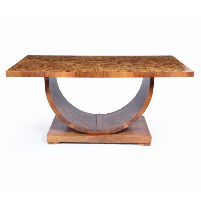 Art Deco French U-Base Dining Table in Burr Walnut, 1930s For Sale - Image 3 of 15
