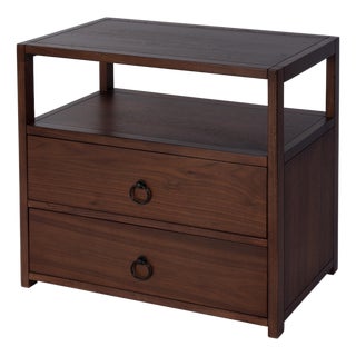 Lark 28 in. W Rectangular Wood 2 Drawer Wide Nightstand with Open Shelf, Walnut For Sale
