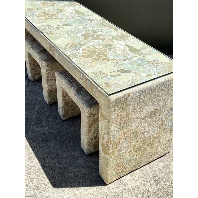 Wood Vintage 80s Upholstered Console and Stools After Jack Lenor Larsen For Sale - Image 7 of 12