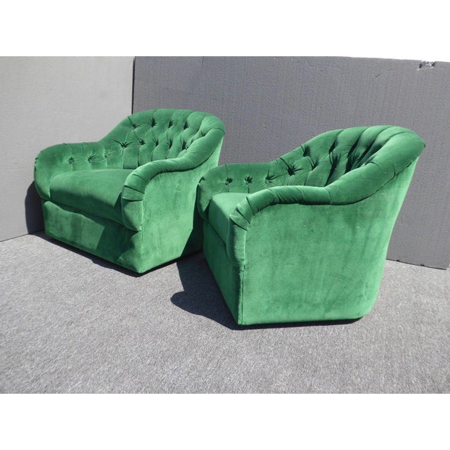Vintage Pair of Mid Century Modern Tufted Green Velvet ...