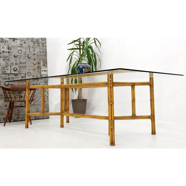 Mid 20th Century Large Bamboo & Leather Frame 3/4" Thick Glass Top Dining Conference Table For Sale - Image 13 of 18