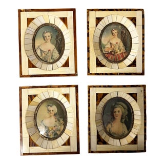 Set 4 Miniature Portraits Framed in Bone /Faux-Tortoise Frames For Sale