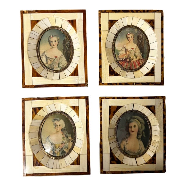 Set 4 Miniature Portraits Framed in Bone /Faux-Tortoise Frames For Sale