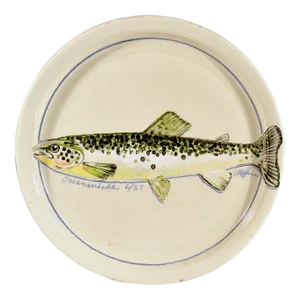Carole Moses Harman Ceramic Dish Painted With Ouananiche Salmon, Dated 6/87