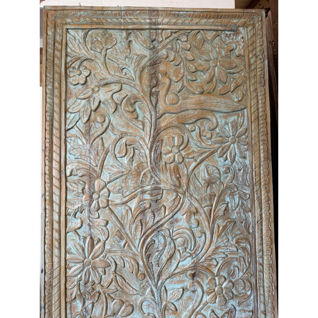 Mid-Century Modern Hand-Carved Tree of Life Wall Panel Door | Rustic Floral Wooden Art | Vintage Barn Door For Sale - Image 3 of 9