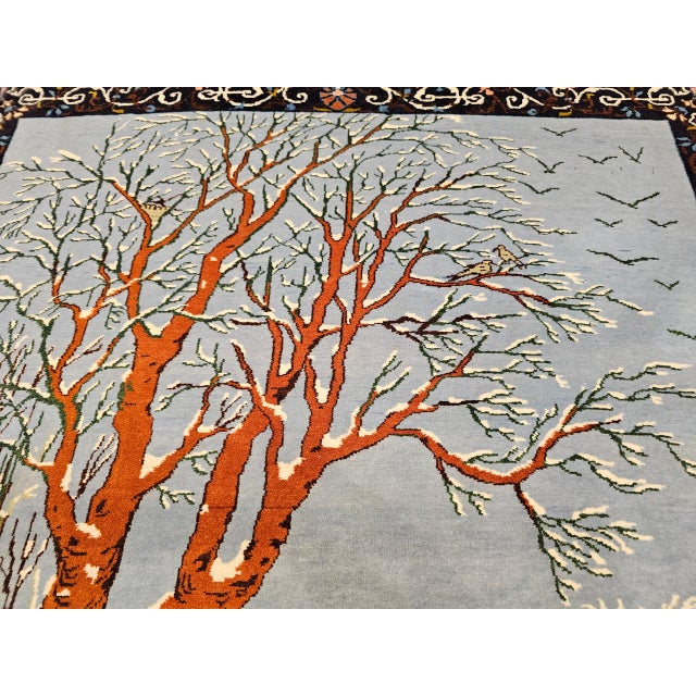 Vintage Persian Tabriz Pictorial Rug, Hand-Knotted Wool, Winter Forest Scene, Blue & Ivory, 4x6 For Sale - Image 12 of 16