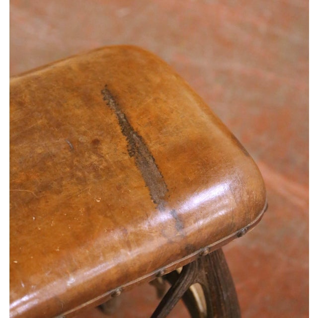 Early 20th Century Austrian Black Forest Antler Lodge Bench With Leather Seat For Sale - Image 13 of 14