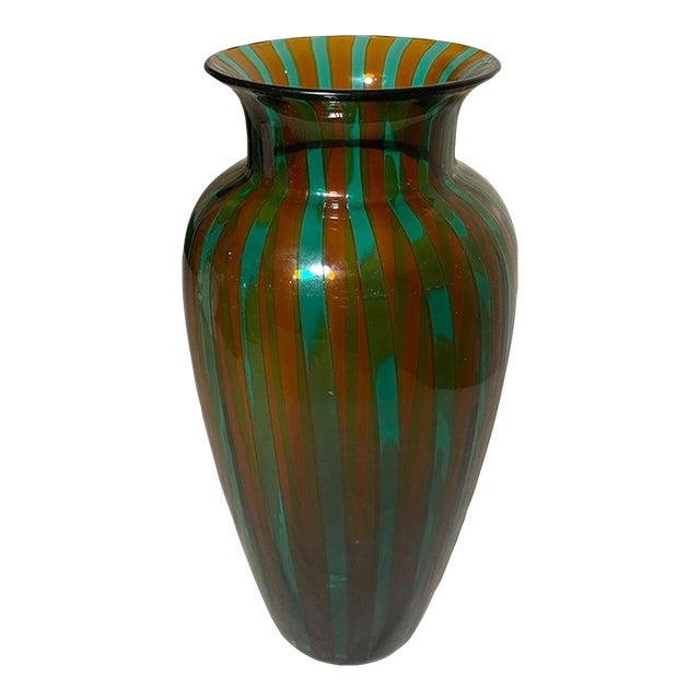 Vintage Veart Venezia Venetian Italian Art Hand Blown Caned Green Glass Vase For Sale