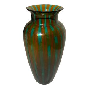 Vintage Veart Venezia Venetian Italian Art Hand Blown Caned Green Glass Vase