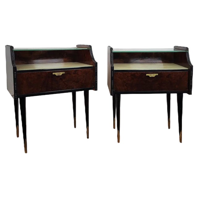 Mid-Century Italian Art Deco Nightstands in Wood, Brass & Glass, 1950s, Set of 2 For Sale