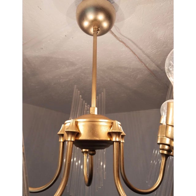 Rare 1970s Brass & Glass Rod Chandelier | 5-Light Vintage Fixture | Restored Mid Century Lighting For Sale - Image 4 of 14