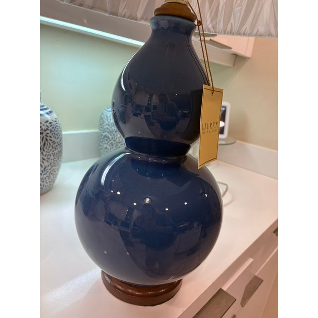 Wood Late 20th Century Ralph Lauren Cobalt Blue Porcelain Double Gourd Table Lamp For Sale - Image 7 of 9