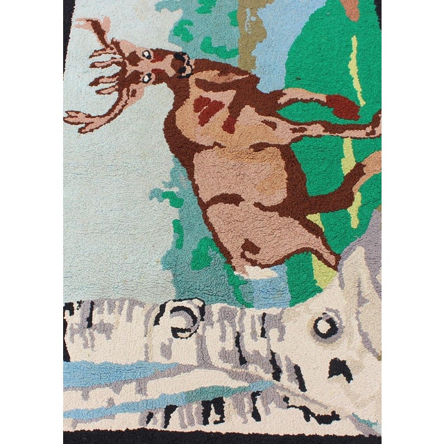 American Hooked Rug With a Bull Elk in Aspen Trees Setting 2'9" X 3'11" For Sale In Atlanta - Image 6 of 8
