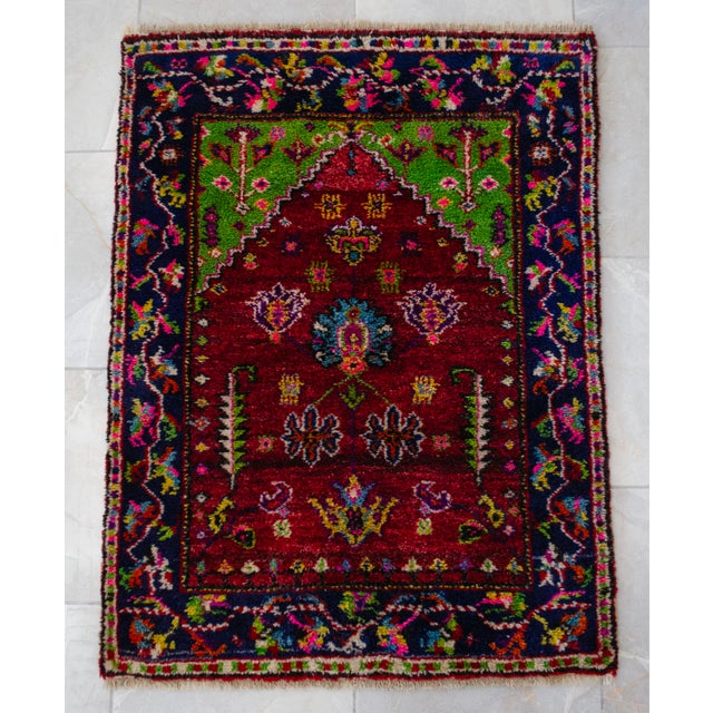 Textile Vintage Hand-Knotted Turkish Rug Prayer Rug Ultra Soft Wool Rug Wall Decor Religious Tapestry 3x4 Ft Approx For Sale - Image 7 of 15