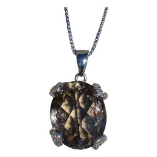 The Thea: Ladies Checkerboard Cut Smokey Quartz and Diamond Necklace in 14K For Sale