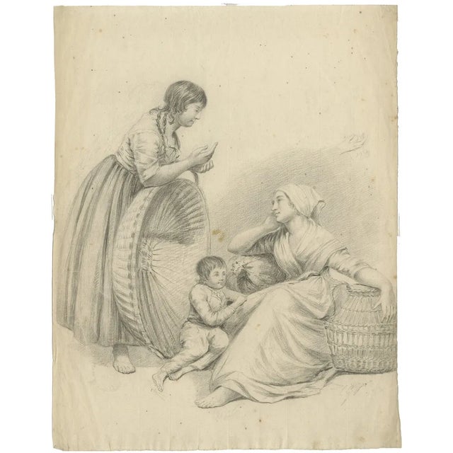 Dutch Artist, Woman with Children and Baskets, 1805, Crayon Drawing For Sale