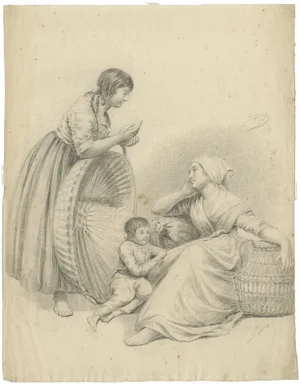 Dutch Artist, Woman with Children and Baskets, 1805, Crayon Drawing