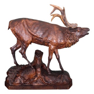 Antique Black Forest Glass and Carved Wood Sculpture of a Roaring Stag, 1950s For Sale