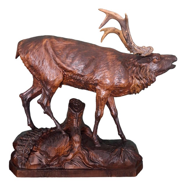 Antique Black Forest Glass and Carved Wood Sculpture of a Roaring Stag, 1950s For Sale