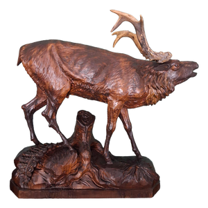 Antique Black Forest Glass and Carved Wood Sculpture of a Roaring Stag, 1950s